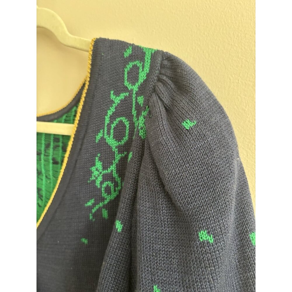Vintage Blue Green Knit Wrap Sweater Cropped Fit Deep V Puff Sleeves Union Small - Picture 4 of 12